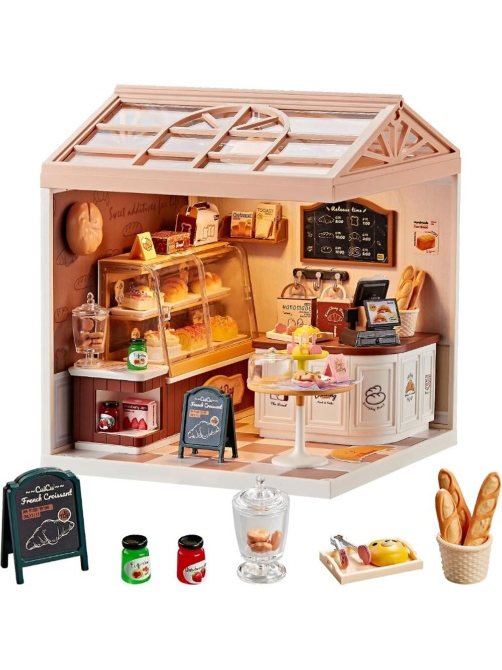 Miniature DIY Bakery Dollhouse Kit - 87 Pcs, LED Light, Realistic Pastries, 1:24